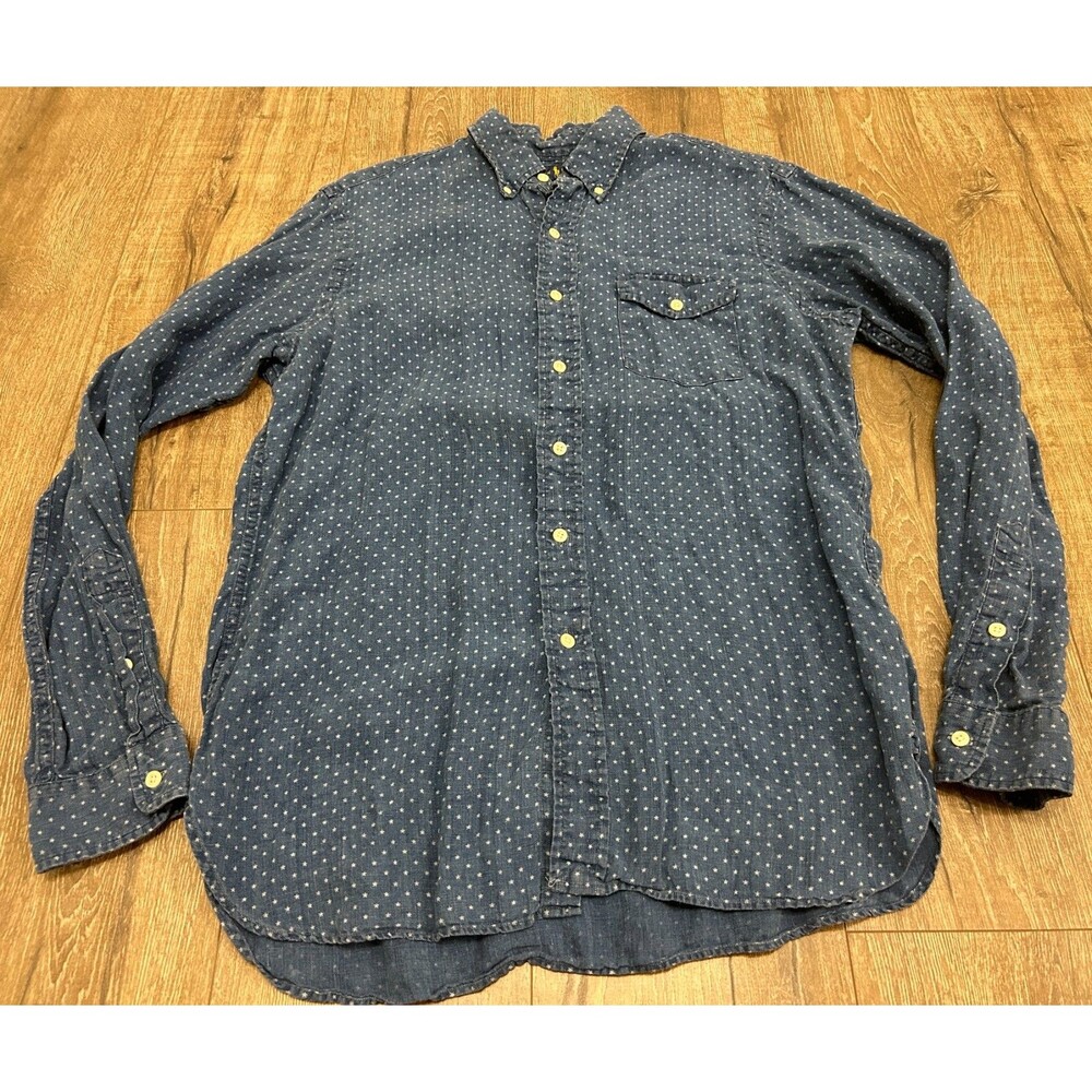 Ralph Lauren Shirt Mens Medium Blue Stars 100% Linen Button Down Long Sleeve